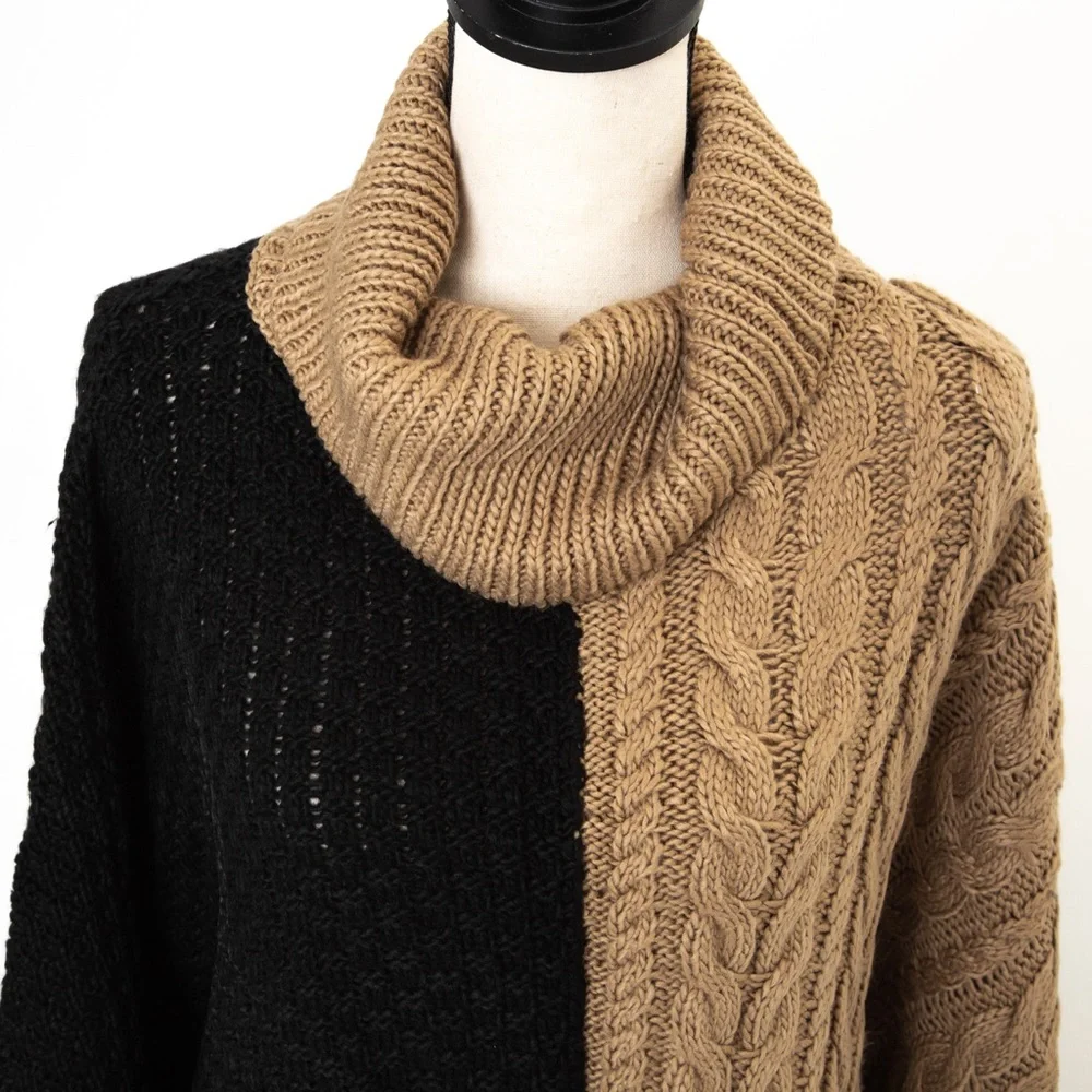Cable knit sweater poncho black & camel XL/1X Brittany Humble